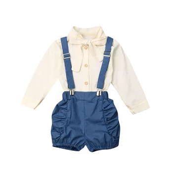 Butik Kız Giysileri 2019 Yürüyor Bebek Bebek Kız Giysileri İlmek Kravat Üstleri + Önlük Şort Pantolon 2 adet Kıyafetler Set