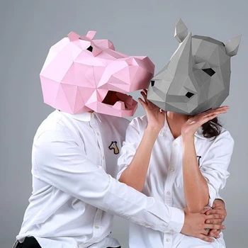  Kağıt Modeli Hippo Gergedan baş maskesi Başlık Hayvan Modeli Cadılar Bayramı Cosplay Sahne Çocuk Yetişkin Parti Elbise kendi başına yap kağıdı Maskeleri