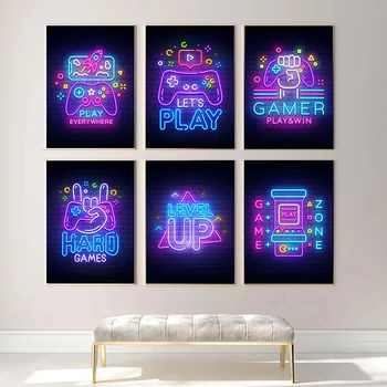  Oyun Bölgesi Arcade Gamepad Neon Etkisi Posteri Oyun Odası Oyun Renkli Tuval Boyama Duvar Sanat Baskı Resim Oyun Odası Dekor