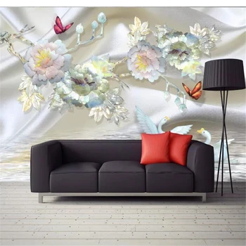  wellyu Özel duvar kağıdı 3d Lüks Avrupa İpek İnci Çiçekler Kuğu TV Duvar papier peint duvar 3d papel pintado pared