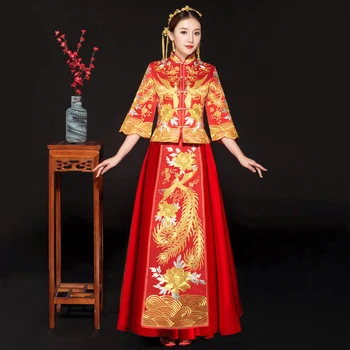  Oryantal Asya Gelin güzellik Çin geleneksel düğün elbisesi Kadınlar Kırmızı Çiçek Nakış Cheongsam Elbise Uzun Parti Qipao tarzı