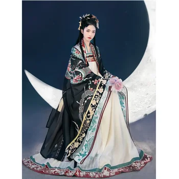  HanshangHualian Biyue Uzay Siyah Çince Geleneksel elbise Hanfu Elbise Kadın Peri Çift Orijinal Tam Göğüs Seti Sonbahar Giysileri