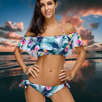  Yüksek Rise Tropikal Yapraklar Bikini 2 Parça Fırfır Halter Beachwear Seksi Düşük Bel Papyon Tatlı Yaz Mayo