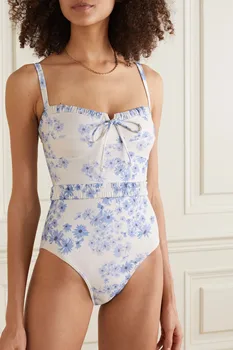  2023 Çiçek Baskı Mavi Tek Parça Mayo Kadınlar Backless Bikini Yüksek Bel Zarif Mayo Monokini Mayo Beachwear 2023