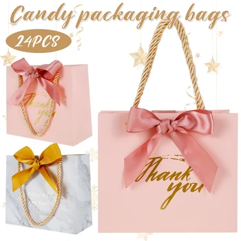  24 Adet Pembe hediye keseleri Yeniden Kullanılabilir Kağıt Parti kulplu çanta Düğün Iyilik Teşekkür Ederim Baskı Parti Misafirler Kişiselleştirilmiş Hediye çantası