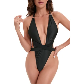  Sıcak Seksi Derin V Boyun Backless Siyah Mayo Bayan Monokini Moda Banyo Kadın Tek parça Mayo Yaz Deniz Kostüm Mayo