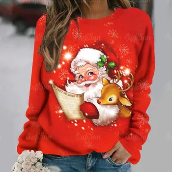 Kış Kadın Noel Uzun Kollu T-Shirt Kazak Noel Baba Baskı Tee Üstleri Bayanlar O Boyun Büyük Boy Sokak Moda T-Shirt