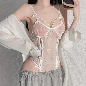  Beyaz Seksi Erotik İç Çamaşırı Şeffaf kadın Seksi Tek Parça Komik Sıkı Hiçbir Kasık Derin V Kayışı Oymak Bodysuit Kostüm