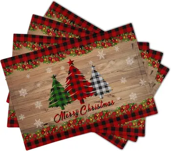  Merry Christmas Placemats 4 Set Kış Noel Ağacı Kar Tanesi Kırmızı Ekose Masa Paspaslar ısıya dayanıklı geri Dönüşümlü Çuval Bezi Yer paspasları