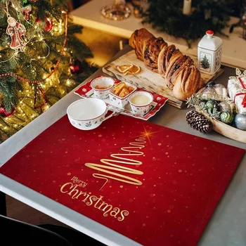  6 ADET Merry Christmas Ağacı Placemats Kaymaz / Silin Temiz Keten yemek masası mat seti ısıya Dayanıklı Masa Astarı Kırmızı