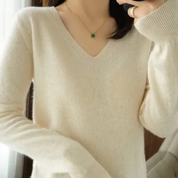  Kadın 2023 Sonbahar Kış Örme Kazak V Yaka Slim Fit Dip Gömlek Düz Renk Uzun Kollu Yumuşak Triko Kazak