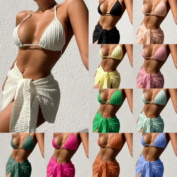  2023 Yeni Mayo Kadınlar Seksi bikini seti Düz Renk Yüksek Bel Üç Adet Mayo Beachwear Mayo Femme