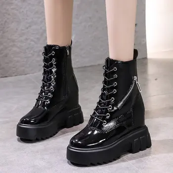  2021 Kış Kadın Moda Siyah yarım çizmeler Platformu kadın Tıknaz Patent Deri Çizmeler 9cm Yüksek Topuklu Kadın Takozlar Ayakkabı Bej