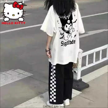  Hello Kitty Kuromi Tshirt Gotik Gevşek Vintage Gelgit Kısa Kollu T-Shirt Kırpma Üst Y2k Kadın Kız Giyim Çiftler Karikatür Tees