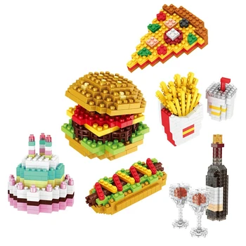  Mini Gıda Fast Food 3D Modeli Yapı Taşları DIY Burger Patates Kızartması Pizza Elmas Blokları Bulmaca Montaj Süs Çocuk Oyuncak Hediye