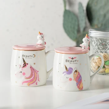  Sevimli Unicorn kapaklı kupa Kaşık Yaratıcı Seramik Su Bardağı Kahve Süt kahvaltı Fincan