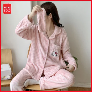  2023 Yeni Mınıso Sanrıo Kawaii Hello Kitty Pijama Kadın Sonbahar Kış Kore Facecloth Mercan Polar Kalınlaşmış Sıcak Hırka Takım Elbise