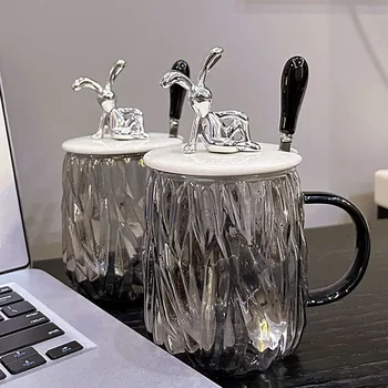  Işık lüks Stil kupa ısıya dayanıklı Cam elektroliz Tavşan kapaklı bardak kaşık ofis Kahve Fincanı Kupalar ücretsiz Kargo gözlük
