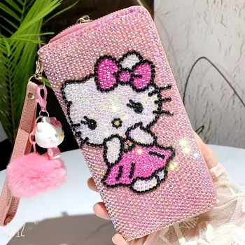  Y2K Hello Kitty Mozaik Sahte Rhinestone Cüzdan Kadın Uzun Cüzdan Sanrio Lüks Pembe Fermuar Çoklu Kart Bit Çanta Cüzdan Telefonu Çanta