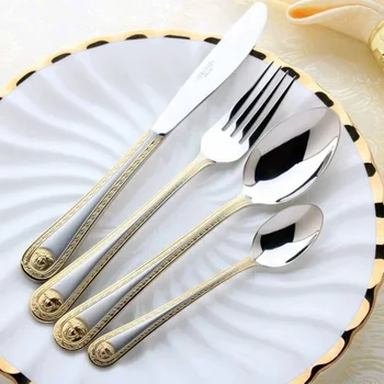  Vintage Batı Altın Kaplama Yemek Takımı yemek çatalı Bıçak Seti Altın çatal bıçak kaşık seti Paslanmaz Çelik Gravür Sofra