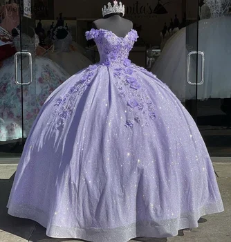  Muhteşem Leylak Sequins Quinceanera Elbiseler 15 Yıl 2022 Balo Seksi V Boyun Kapalı Omuz Uzun Parti Elbise kız için