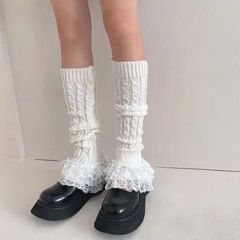  Kawaii Dantel Trim Bacak ısıtıcıları Y2K Estetik Peri Kink Örme bot paçaları Japon Kış Sıcak Slouch diz üstü çorap Tiki
