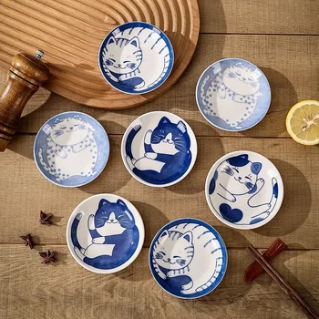  Japon Tarzı Seramik Tatlı sos tabağı Sofra Yaratıcı Sevimli Karikatür Şanslı Kedi Desen Su Damlası Şekli Meyve suşi tabakları