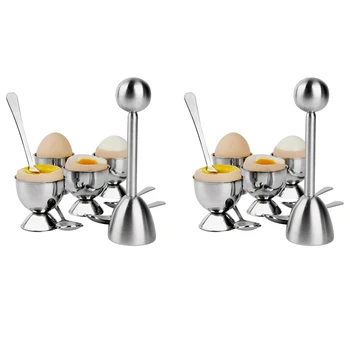  Paslanmaz Çelik Yumurta Kraker Topper Seti, Sert Haşlanmış Yumurta Ayırıcı Tutucu, 8 Kaşık, 8 Bardak, 2 Kabukları Sökücü Üst Kesici