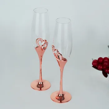  Gül altın şampanya kadehi yüksek ayaklı set cam düğün hediyesi cam kalp şeklinde elmas kristal cam cam kırmızı şarap şişesi