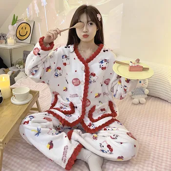  Karikatür Sanrio Hellokitty Mercan Kadife Pijama Kt Kedi Kış Eğlence Kalınlaşma Peluş Pijama Ev Giysileri Cadılar Bayramı Hediye