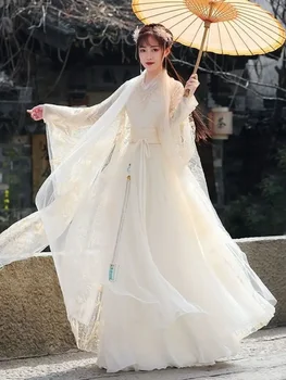  Dantel Nakış Hanfu Kadın Cosplay Kostüm Yaz Nefes Peri Çin Tarzı Elbise Ulusal Dans Performansı Giyim
