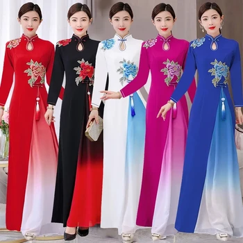  2024 Vietnam Aodai Elbise Geleneksel Çin Geliştirilmiş Qipao Ulusal Çiçek Nakış Cheongsam Elbise Degrade Renk Elbise