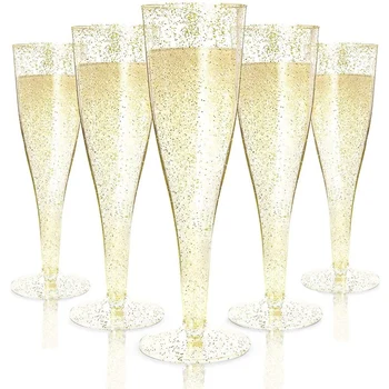  Şarap bardakları Altın Glitter şampanya bardakları Yeniden Kullanılabilir Saplı Parti şarap bardakları Partiler İçin