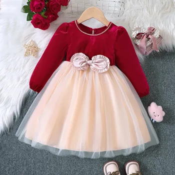  1-6 Yıl Kızlar Kadife Tül Elbiseler Uzun Kollu Yay Toddler Elbise Çocuklar Noel Partisi Akşam Elbise Düğün Prenses Elbise