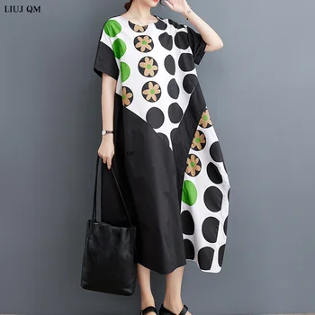  Kore Yaz Kısa Kollu Elbise Kadınlar İçin Polka Dot Patchwork Vintage Elbise Gevşek 2023 Yeni Kadın Moda Artı boyutu Elbise