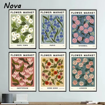  Şehir Çiçek Pazarı Posterler Baskılar Soyut Botanik Duvar Sanatı Renkli tuval yağlıboya İskandinav Resim Oturma Odası Ev Dekor için