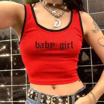  Kadın Moda Mektubu Baskılı Kaburga Örme Yelek Tank Top Bayan Yaz Seksi Kırpma Üst Tees Casual O-Boyun Kolsuz Camiş Kaşkorse
