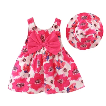  2 Parça yaz kıyafetleri Yenidoğan Bebek Prenses Elbise Moda Kolsuz Pamuk Çiçekler Elbiseler + Sunhat Toddler Kız Elbise BC013-1