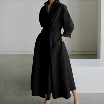  Kore Moda Uzun Kollu Gömlek Elbise Şık Yatak Açma Boyun Dantelli Maxi Elbise Kadınlar 2023 Sonbahar Kış Giysileri Streetwear
