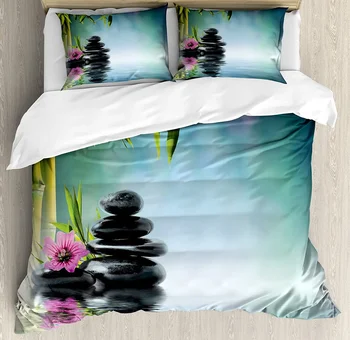  Zen bahçe yatak seti Yatak Odası Yatak Ev Pembe Çiçek Spa Taşlar ve Bambu Ağacı Nevresim Yorgan Kapak Ve Yastık Kılıfı
