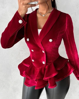  Kruvaze Kadife Fırfır Kenar Takım Elbise Ceket 2023 Yeni Moda Sıcak Satış kadın Sonbahar ve Kış Uzun Kollu Giyim