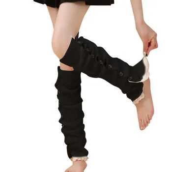  Kadın Düz Renk Diz Yüksek Tarzı Çorap Kış Sıcaklık Sevimli Düğme Örgü bacak ısıtıcısı Çorap