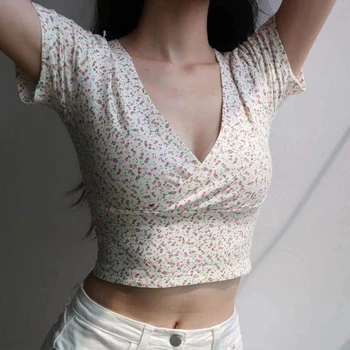  Fransız Retro çiçek v yaka kısa kollu tişört yaz ince zayıflama vahşi yüksek bel T-Shirt kadın üst