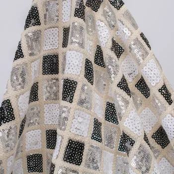  120D Pullu Nakış Geometrik örgü kumaş Kadın Parti düğün elbisesi Tasarımcı Malzeme Kare Sequins Kumaş 90x130cm