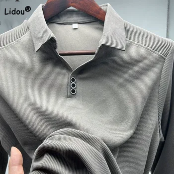  2023 İş Ofis Moda Polo Yaka erkek gömleği Sonbahar Kış Rahat Tüm Maç Düz Renk Uzun Kollu Tişört Erkek Giysileri