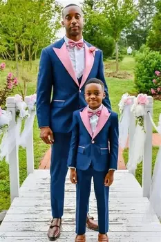  Kraliyet Mavi Balo Suit ile Pembe Yaka Smokin Baba ve Oğul İçin 3 Parça Slim Fit Düğün Damat 2 Takım Akşam Yemeği Parti Elbise Özel