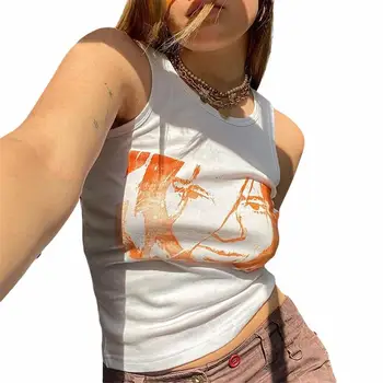  Y2K Estetik Tankı Üstleri E-kız Streetwear Kadın Kolsuz O-Boyun Kırpma Üstleri Seksi Beyaz Yelek