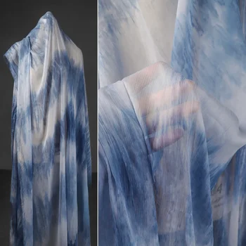  Örgü Kumaş Mavi Beyaz Kravat Boyalı Degrade Şifon Yaratıcı Giyim Toptan Kumaş Metre Başına Giyim Dıy Dikiş Malzemesi