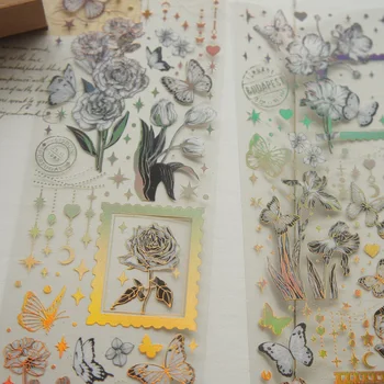  3 Yaprak Altın Siyah Beyaz Gül ve Kelebek Tasarım PVC Etiket Hediye Etiketi Hediye Dekorasyon Scrapbooking kendi başına yap çıkartma