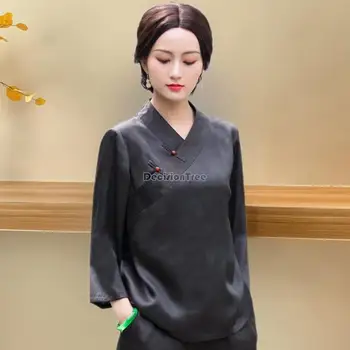  2024 çin tarzı tangsuits geleneksel cheongsam bluz kadınlar oryantal retro bluz uzun kollu bluz düz renk üst